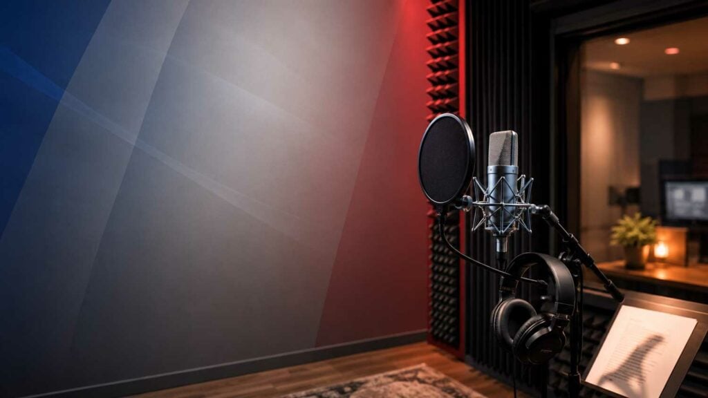 A VoiceOver booth with a the French flag projected onto the wall.